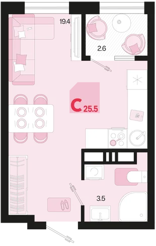 Планировка Студия, 25.5 м² ЖК «Первое место»