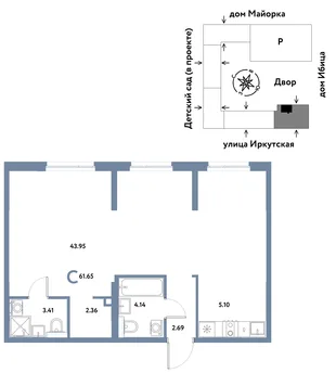 Планировка Студия, 61.65 м² ЖК «Остров-сад»