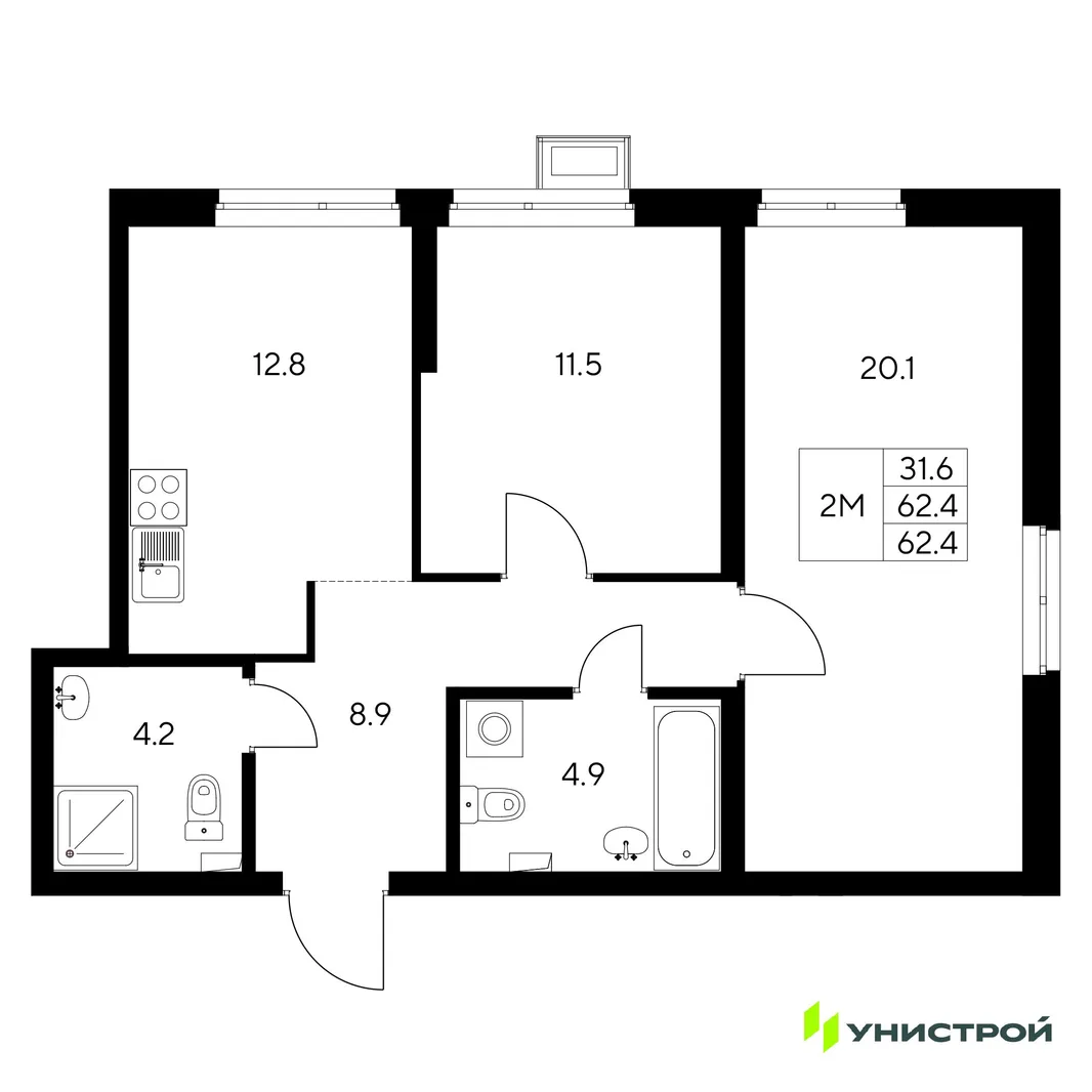 Планировка 2-комн. квартира, 62.4 м² ЖК «Стадиум»