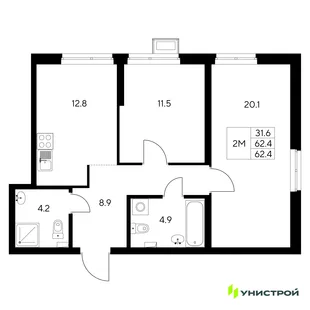 Планировка 2-комн. квартира, 62.4 м² ЖК «Стадиум»