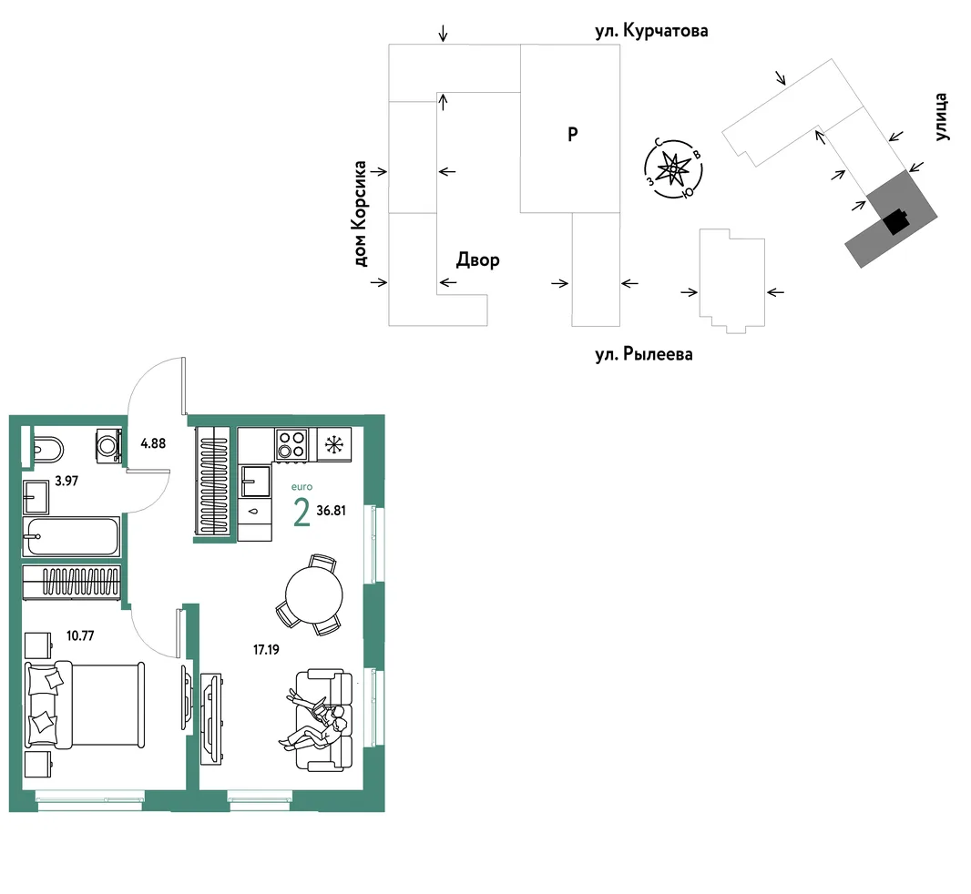 Планировка 2-комн. квартира, 37 м² ЖК «Остров-сад»