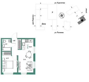Планировка 2-комн. квартира, 37 м² ЖК «Остров-сад»