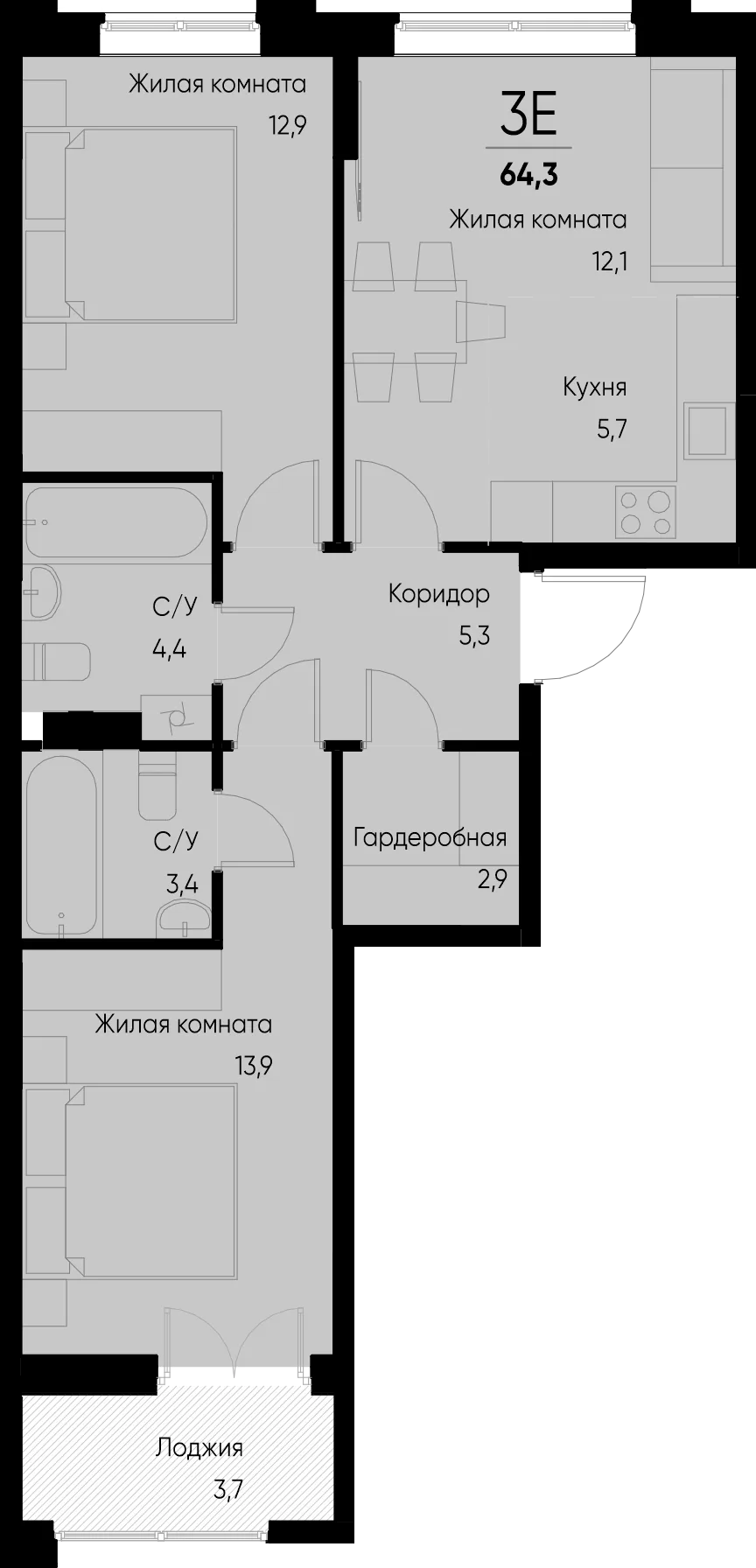 Планировка 3-комн. квартира, 64.4 м² ЖК «Васильевский остров»