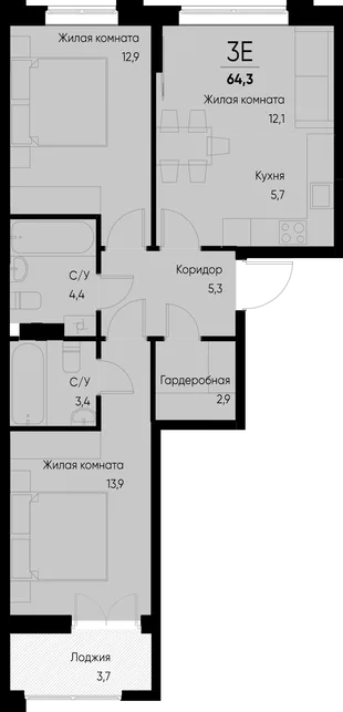 Планировка 3-комн. квартира, 64.4 м² ЖК «Васильевский остров»