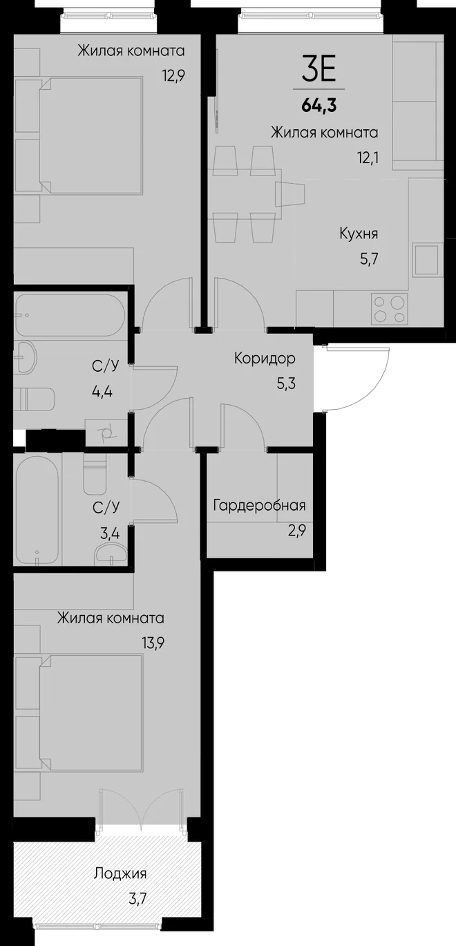Планировка 3-комн. квартира, 64.4 м² ЖК «Васильевский остров» Планировка 3-комн. квартира, 64.4 м² ЖК «Васильевский остров»