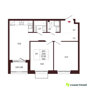Планировка 2-комн. квартира, 57.2 м² ЖК «Лисино»
