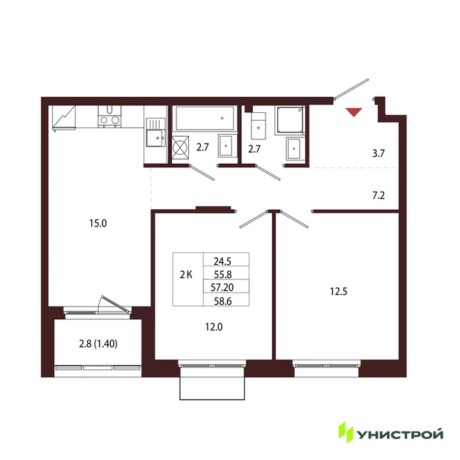 Планировка 2-комн. квартира, 57.2 м² ЖК «Лисино» Планировка 2-комн. квартира, 57.2 м² ЖК «Лисино»