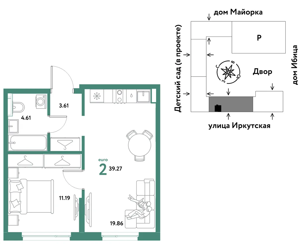 Планировка 2-комн. квартира, 39.27 м² ЖК «Остров-сад»