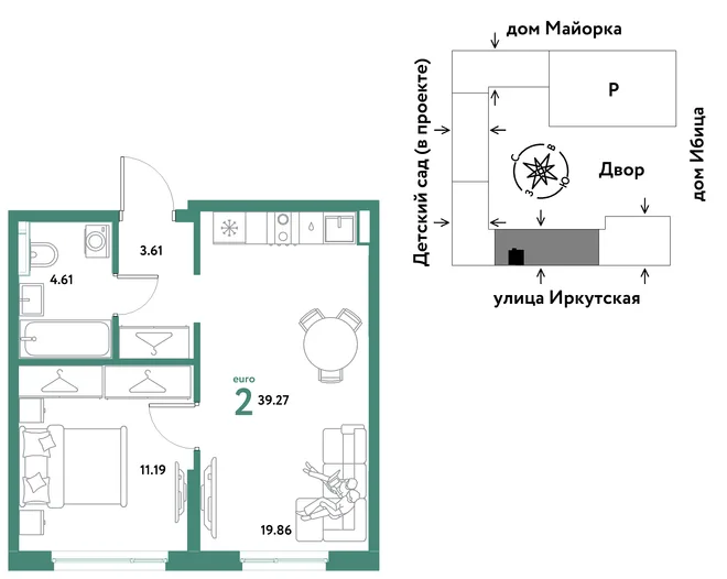 Планировка 2-комн. квартира, 39.27 м² ЖК «Остров-сад» Планировка 2-комн. квартира, 39.27 м² ЖК «Остров-сад»