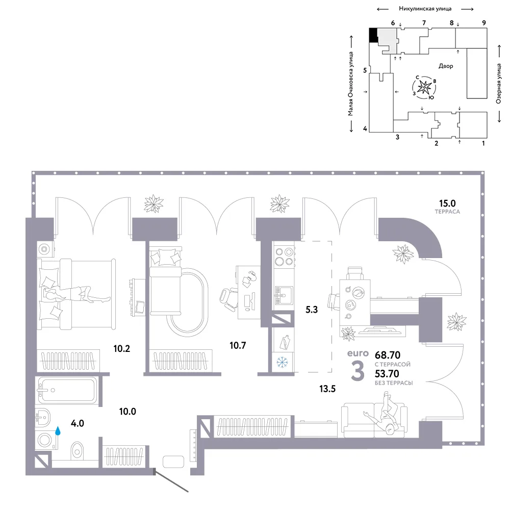 Планировка 3-комн. квартира, 68.7 м² ЖК «Страна.Озёрная»