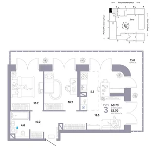 Планировка 3-комн. квартира, 68.7 м² ЖК «Страна.Озёрная»