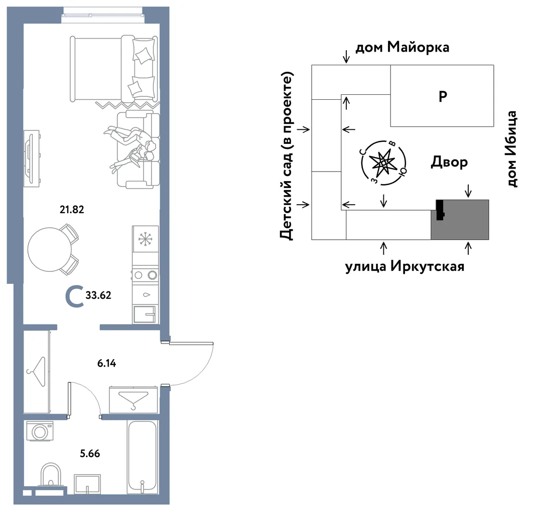 Планировка Студия, 33.62 м² ЖК «Остров-сад»