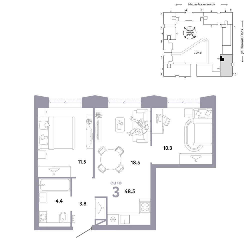 Планировка 3-комн. квартира, 48.5 м² ЖК «Страна.Заречная»