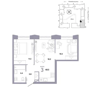 Планировка 3-комн. квартира, 48.5 м² ЖК «Страна.Заречная»