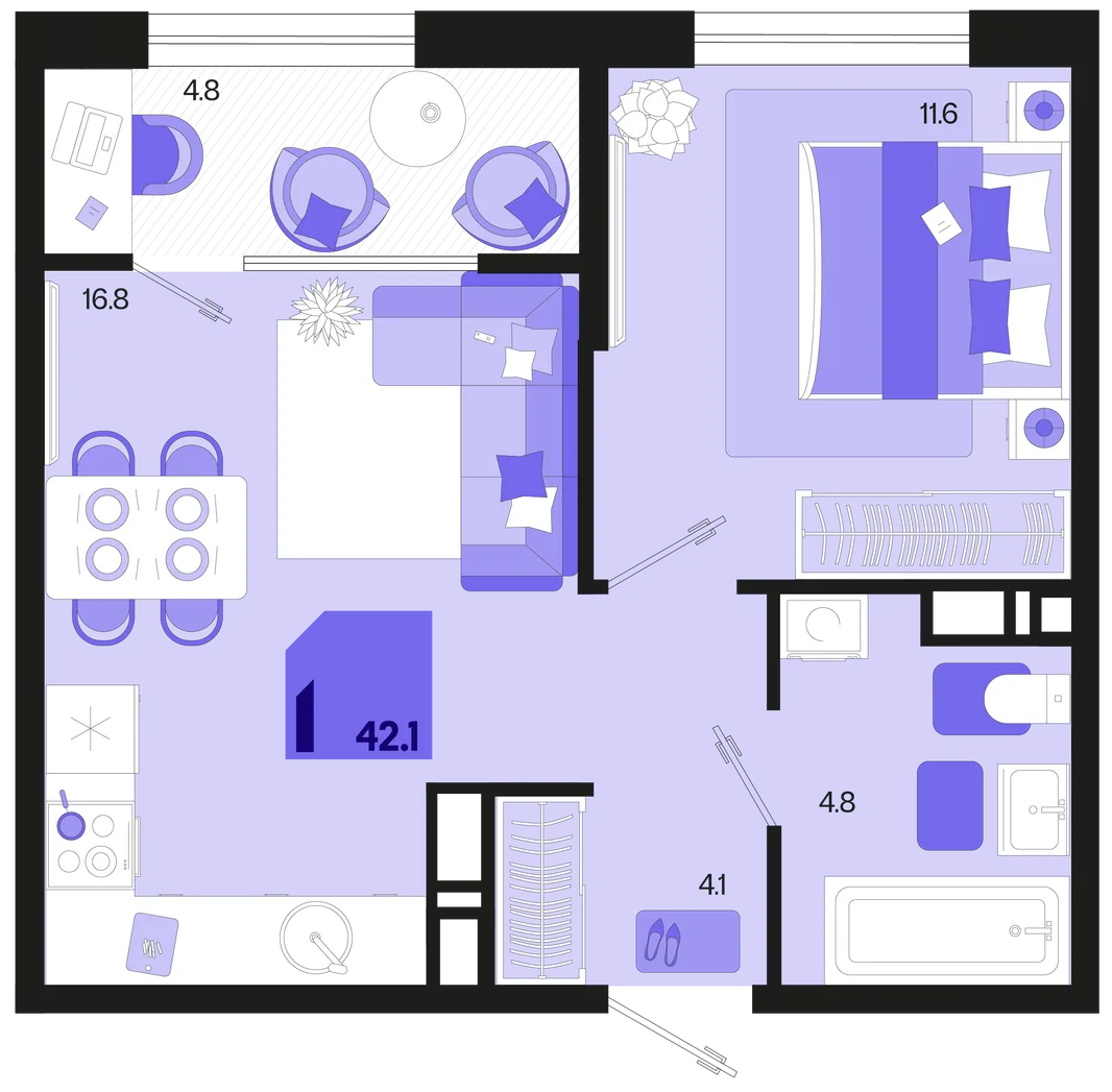 Планировка 1-комн. квартира, 42.1 м² ЖК «Первое место»