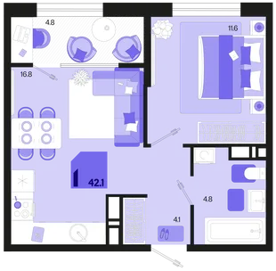 Планировка 1-комн. квартира, 42.1 м² ЖК «Первое место»