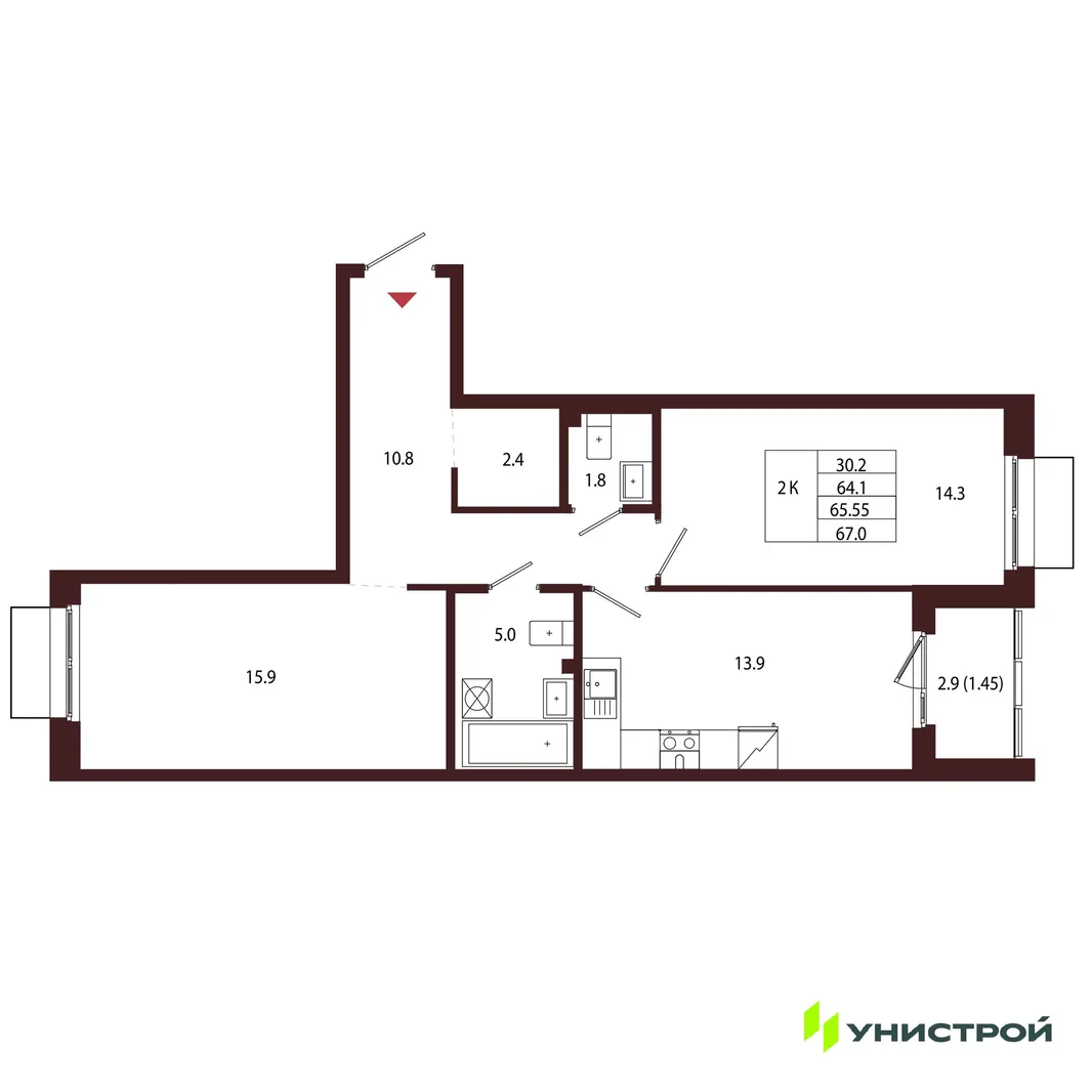 Планировка 2-комн. квартира, 65.55 м² ЖК «Лисино»
