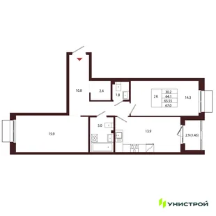Планировка 2-комн. квартира, 65.55 м² ЖК «Лисино»
