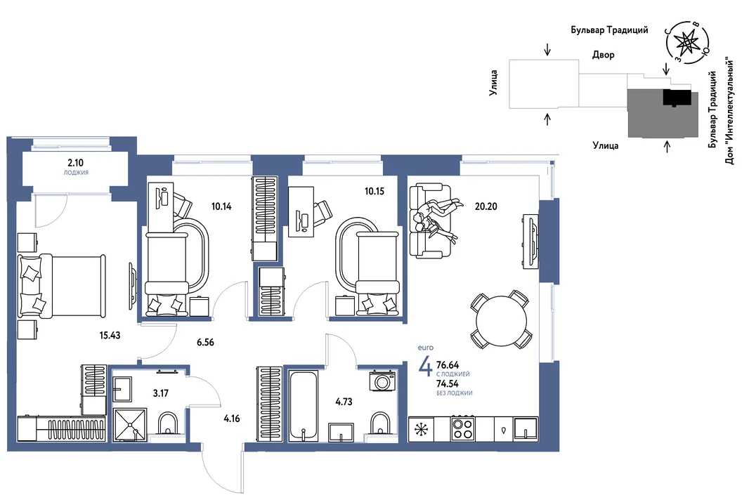 Планировка 4-комн. квартира, 76.64 м² ЖК «Микрорайон Домашний»