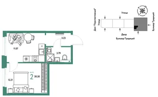 Планировка 2-комн. квартира, 30.3 м² ЖК «Микрорайон Домашний»