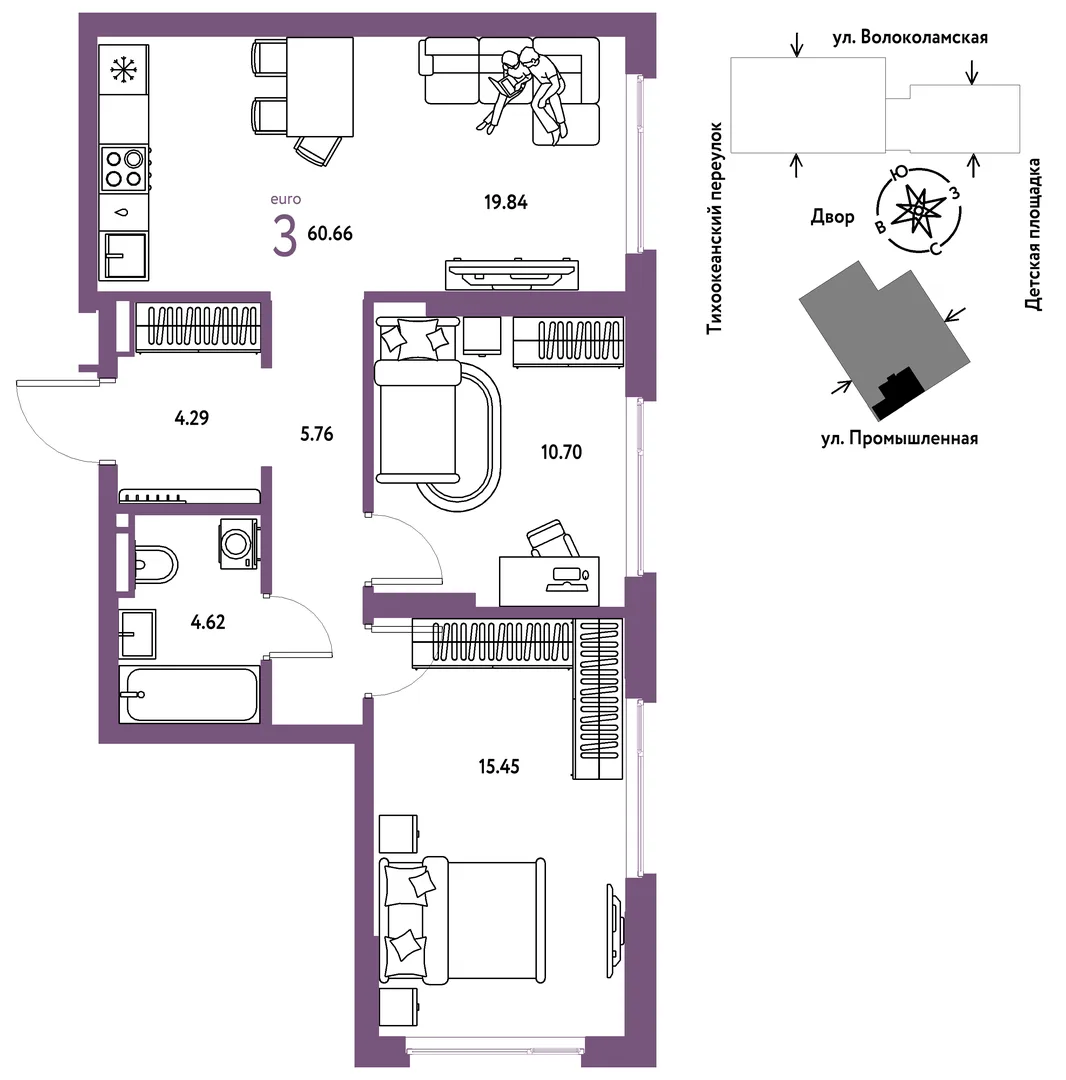 Планировка 3-комн. квартира, 60.66 м² ЖК «Страна Прибрежная»