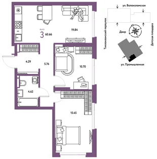 Планировка 3-комн. квартира, 60.66 м² ЖК «Страна Прибрежная»