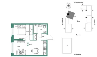 Планировка 2-комн. квартира, 36.97 м² ЖК «Уральский сад»
