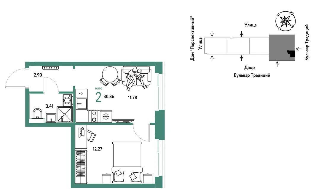 Планировка 2-комн. квартира, 30.36 м² ЖК «Микрорайон Домашний»