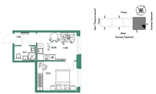 Планировка 2-комн. квартира, 30.36 м² ЖК «Микрорайон Домашний»