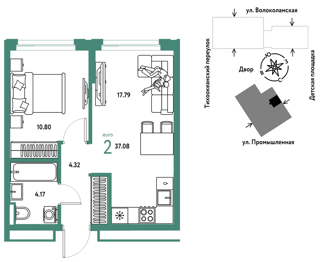 Планировка 2-комн. квартира, 37.08 м² ЖК «Страна Прибрежная»