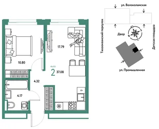 Планировка 2-комн. квартира, 37.08 м² ЖК «Страна Прибрежная»
