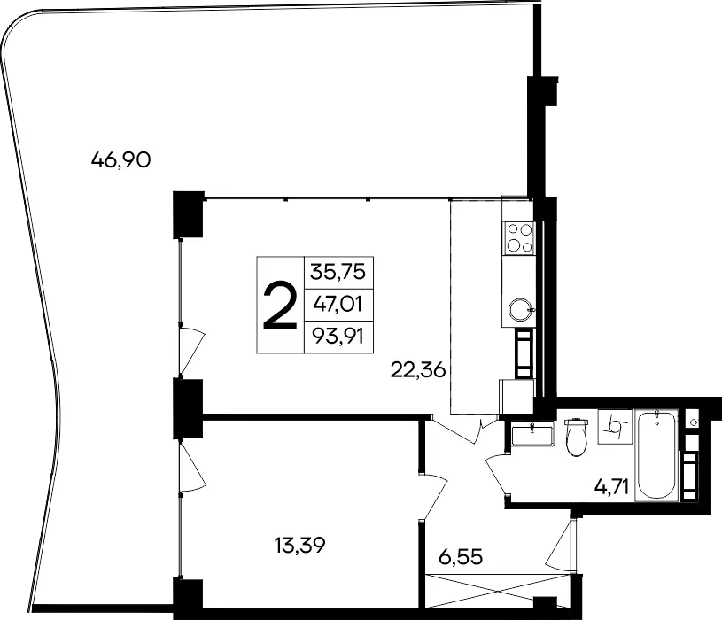 Планировка 2-комн. квартира, 93.91 м² Курортный кластер «САГА»
