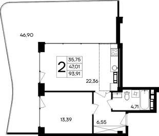 Планировка 2-комн. квартира, 93.91 м² Курортный кластер «САГА»