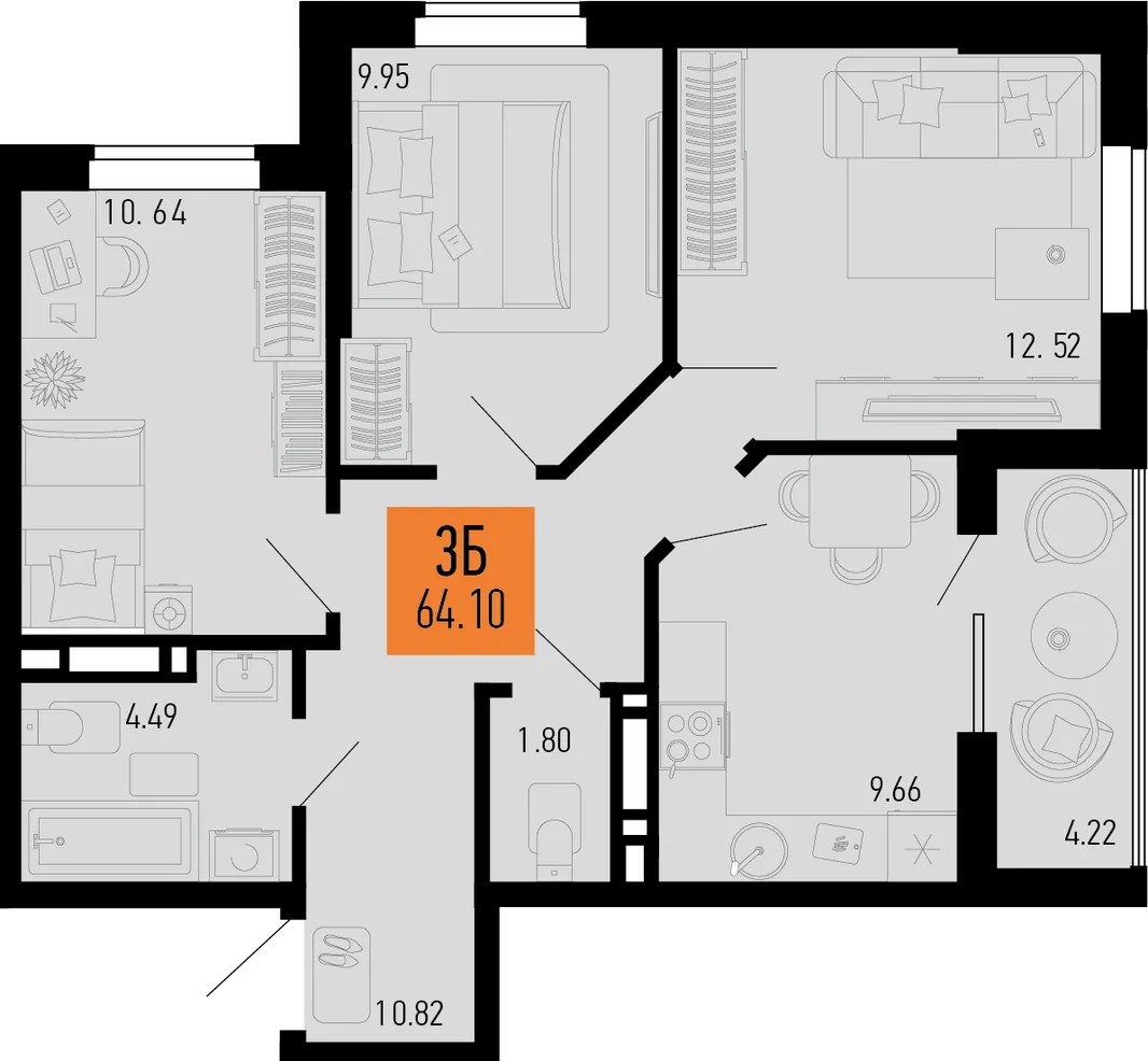 Планировка 3-комн. квартира, 64.1 м² ЖК «Столицыно»