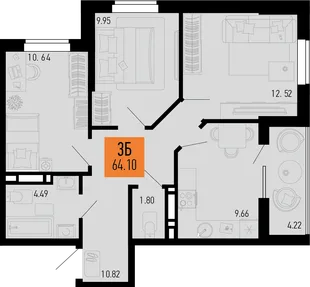 Планировка 3-комн. квартира, 64.1 м² ЖК «Столицыно»