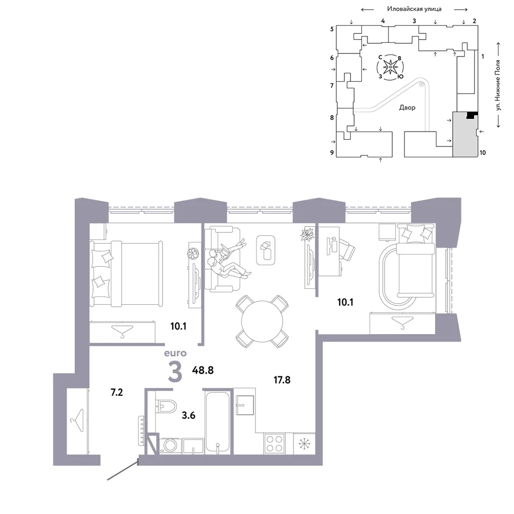 Планировка 3-комн. квартира, 48.8 м² ЖК «Страна.Заречная»
