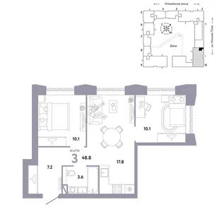 Планировка 3-комн. квартира, 48.8 м² ЖК «Страна.Заречная»