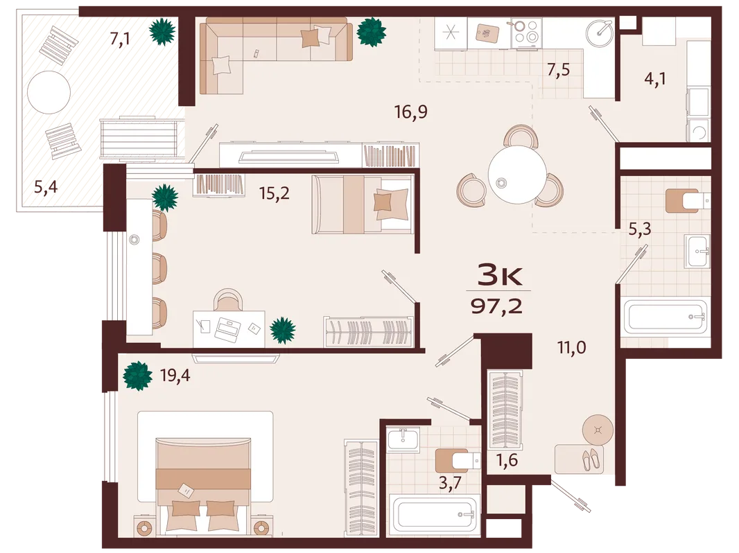 Планировка 3-комн. квартира, 96.7 м² ЖК «Роялта»