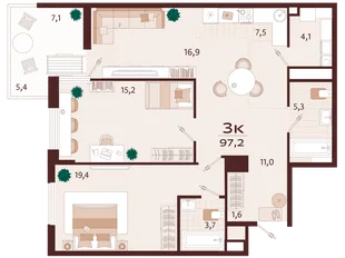 Планировка 3-комн. квартира, 96.7 м² ЖК «Роялта»