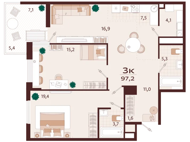 Планировка 3-комн. квартира, 96.7 м² ЖК «Роялта» Планировка 3-комн. квартира, 96.7 м² ЖК «Роялта»