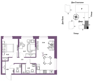 Планировка 3-комн. квартира, 57.99 м² ЖК «Европейский берег 2.0»