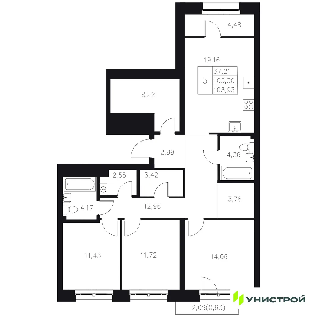 Планировка 3-комн. квартира, 103.93 м² ЖК «Statum»