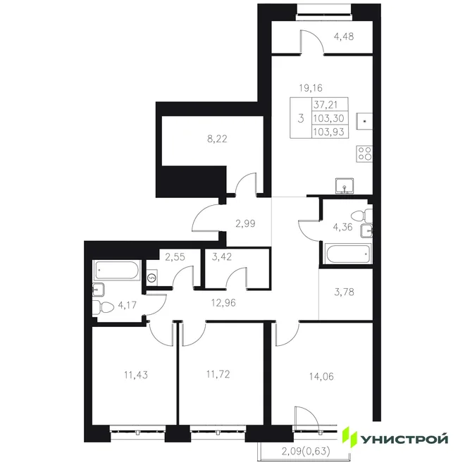 Планировка 3-комн. квартира, 103.93 м² ЖК «Statum»