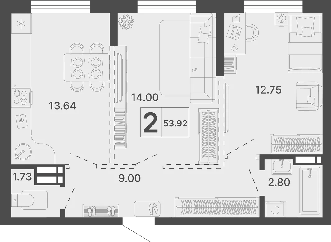 Планировка 2-комн. квартира, 53.92 м² ЖК «Светский лес»