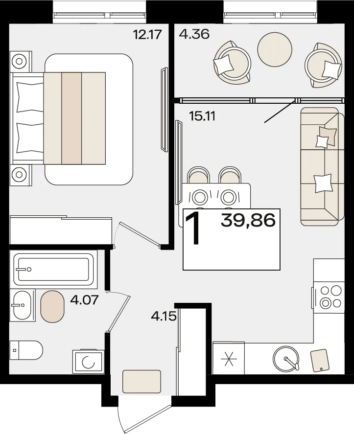Планировка 1-комн. квартира, 39.86 м² ЖК «Патрики»