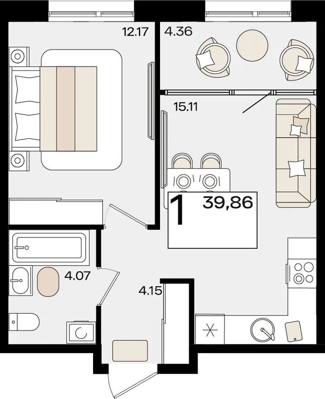Планировка 1-комн. квартира, 39.86 м² ЖК «Патрики»