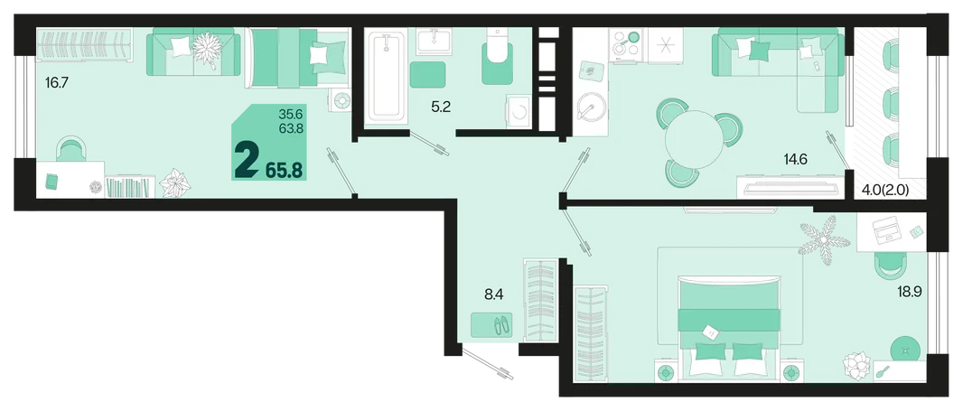Планировка 2-комн. квартира, 67.8 м² ЖК «Первое место»