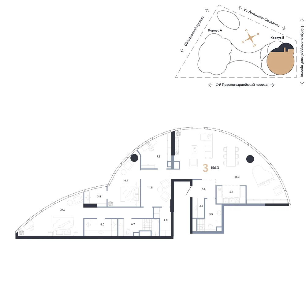 Планировка 3-комн. квартира, 156.3 м² ЖК «АУРУС Резиденции»