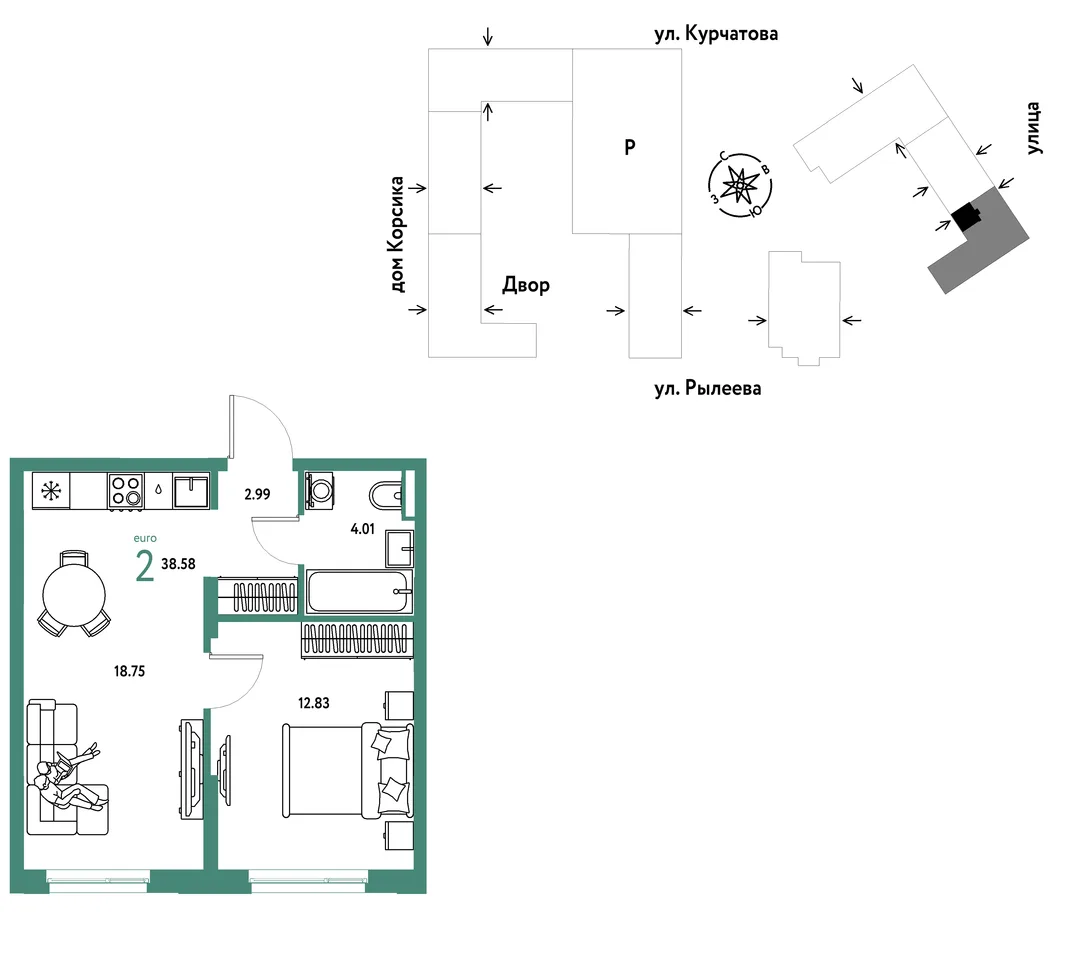 Планировка 2-комн. квартира, 38.75 м² ЖК «Остров-сад»