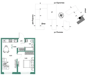 Планировка 2-комн. квартира, 38.75 м² ЖК «Остров-сад»